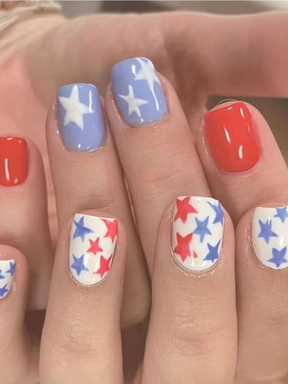 24 Pcs Press On Nails USA Patriotic Red White Blue America Independence Day Star